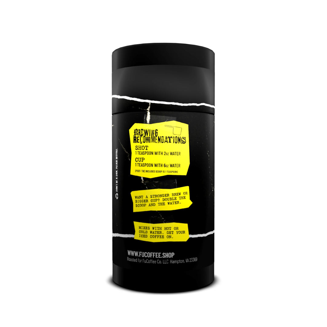 Black coffee packaging with yellow label on a white background