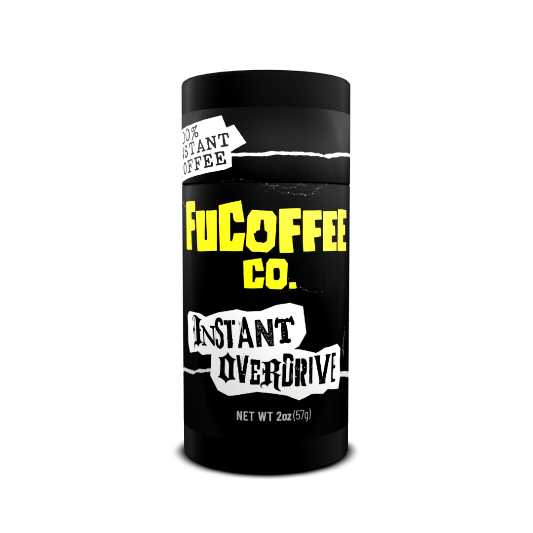 Black container of Fucoffee Co. Instant Overdrive on a white background